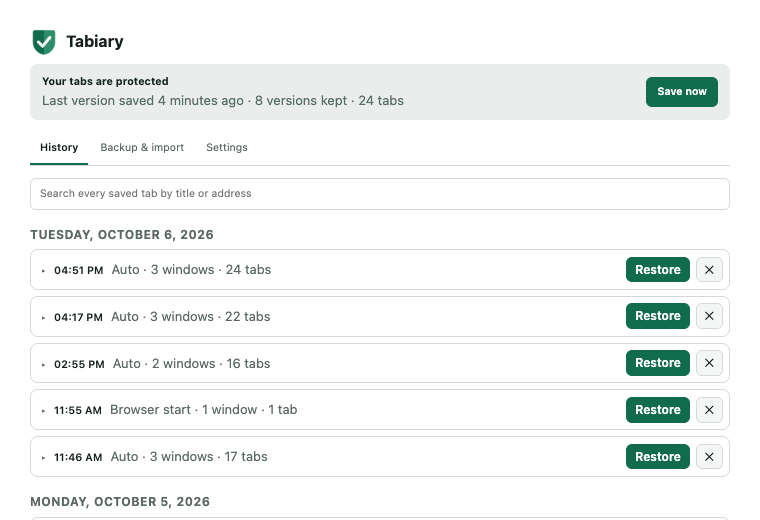 Tabiary restoring a saved session and searching the history