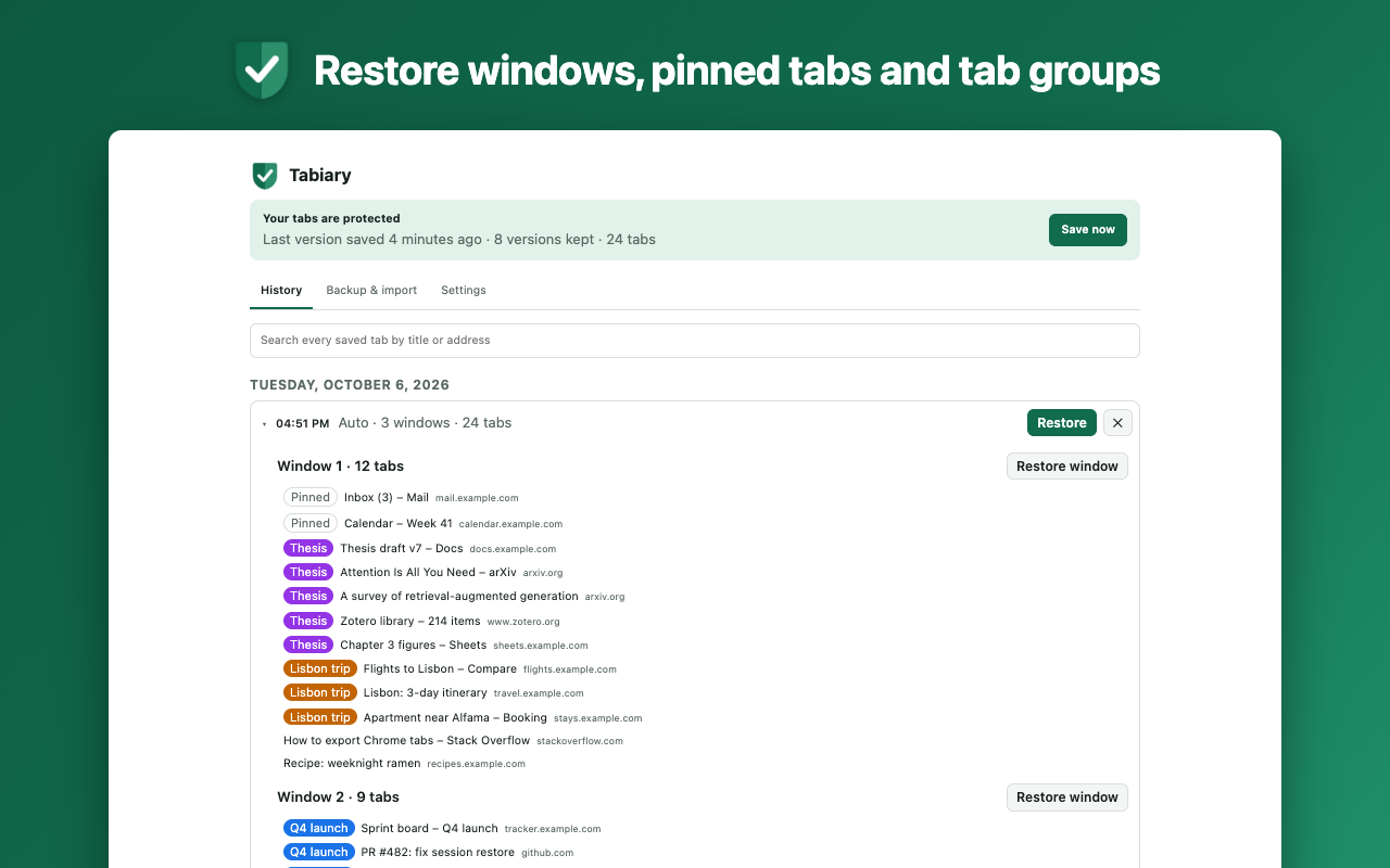 A saved version expanded, showing windows, tab groups and tabs with restore buttons
